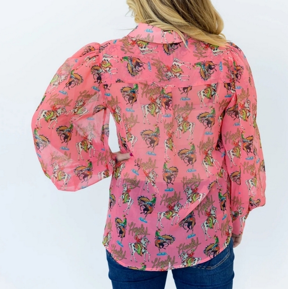 NWT Turquoise Haven Western Pink Howdy Blouse XL Puff Sleeves Bucking Bronco - Picture 3 of 12